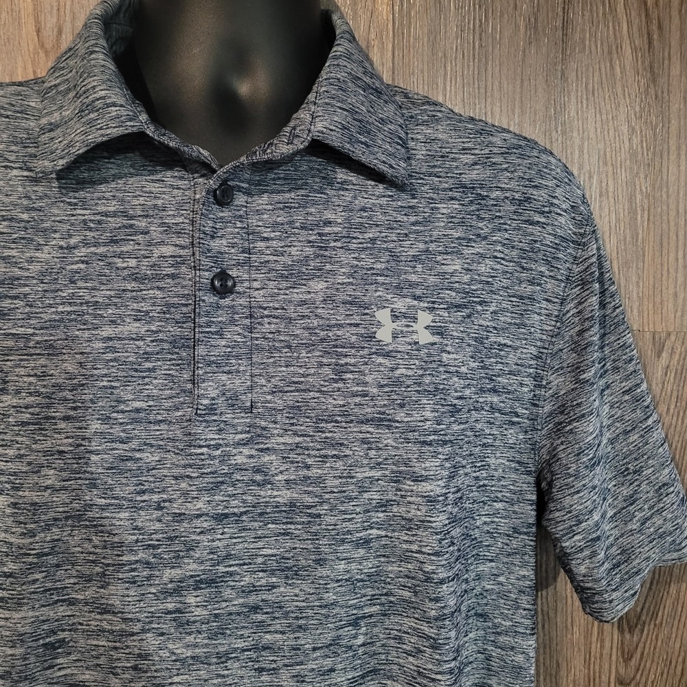 Under Armour HeatGear Polo Size L Heathered Steel Blue SS Loose Fit Activewear